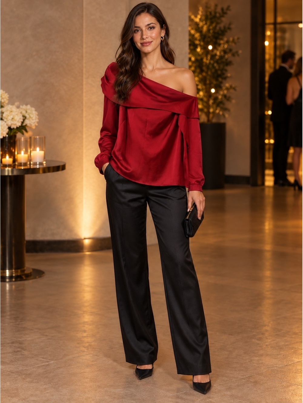 White House Black Market Red Off-Shoulder Satin Blouse Size 10